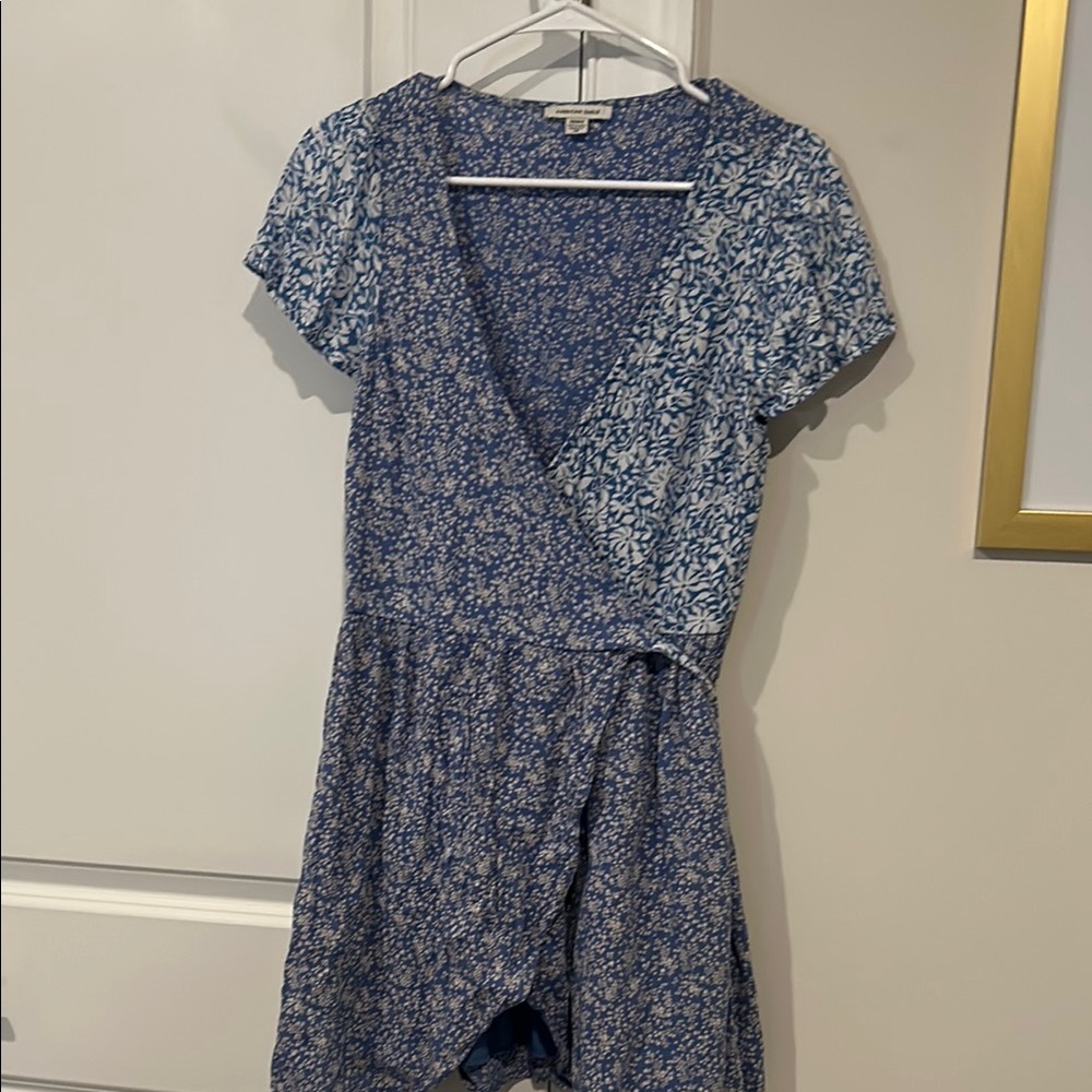 American Eagle Outfitters Blue and White Wrap Sundress